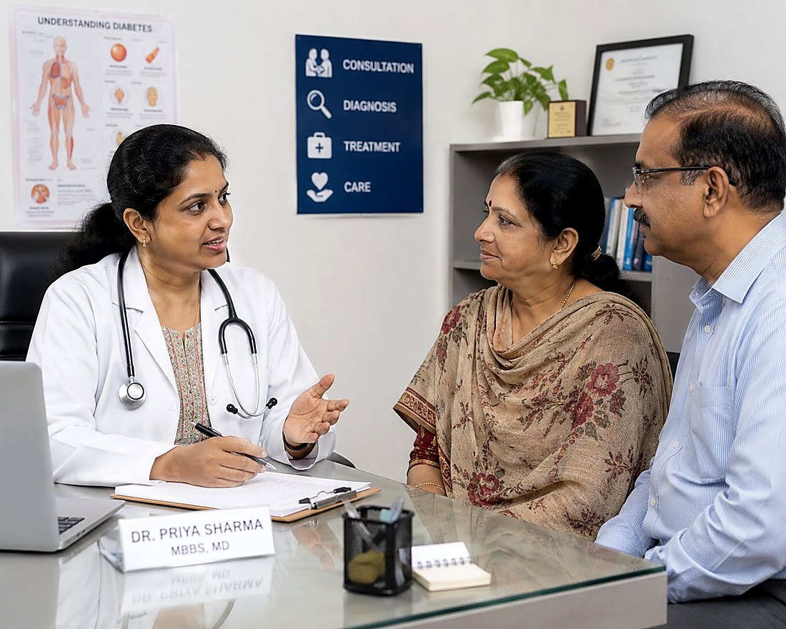 Doctor consulting with Indian patients at Dr. Mangla Superspeciality Hospital, Kurukshetra